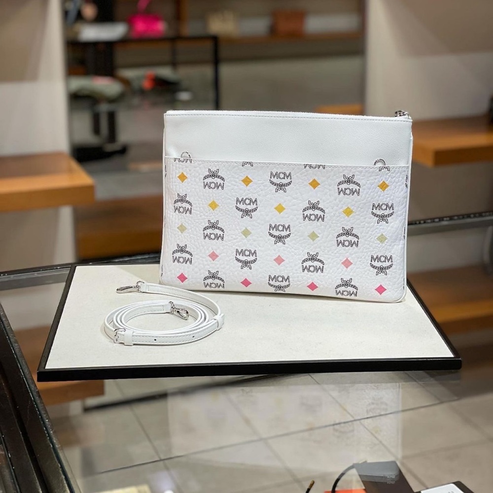 Limited stock! Price firm! MCM white color medium size crossbody pouch $470+tax